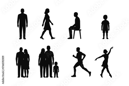 Silhouette collection of different human activities and poses in black and white
