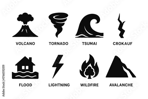 Natural disaster set: volcano, tornado, tsunami, earthquake, and more icons