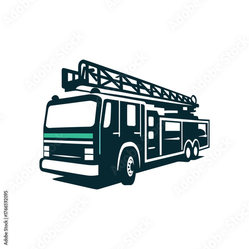 Stylized Fire Truck Illustration, Emergency Vehicle A solid red fire truck parked on a city street