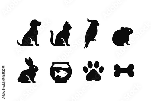 Pet silhouette icons featuring dog, cat, parrot, and hamster with fishbowl and paw print