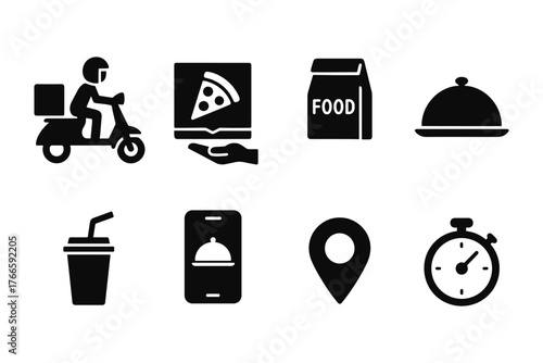 Silhouette icons depicting food delivery and takeout services