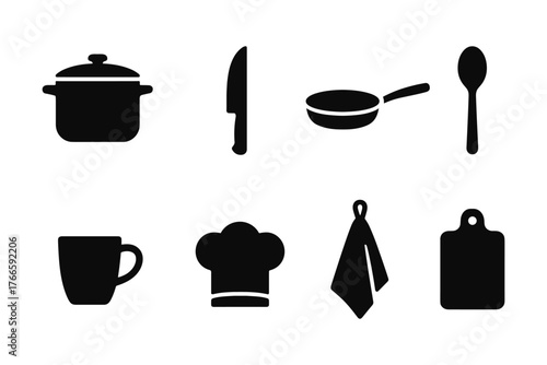 Kitchen icons set featuring cookware and utensils in black silhouette style