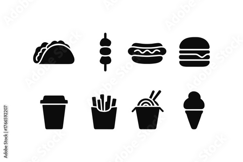 Minimalist food icons set: burgers, fries, noodles, and more in silhouette style