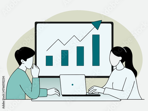 Sales team reviewing monthly targets on big screen with upward graph vector illustration.