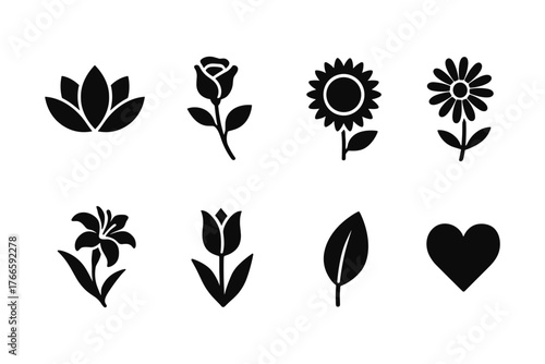 Floral silhouette icons: collection of minimalist nature symbols