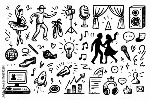 Hand-drawn Doodle Vector Set of Dance and Performance Elements, Illustrated in a Lively Sketchy Style with Clean Black Outlines, Isolated on White Background
