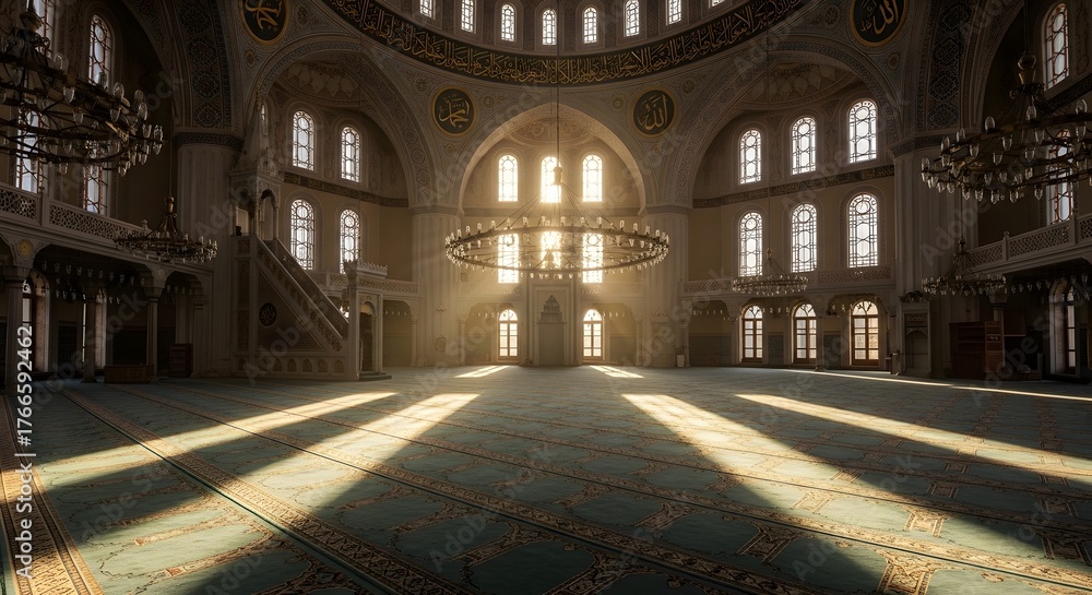 Obraz premium Majestic Mosque Interior Bathed in Golden Sunlight, Creating Dramatic Shadows on the Ornate Carpet