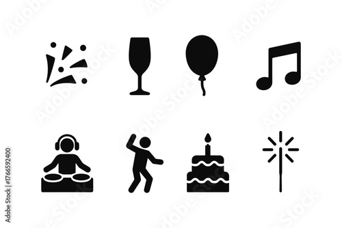 Celebration icons: party, music, cake, dance, dj, balloon, wine glass, sparkler