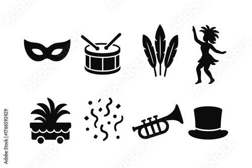 Carnival icons: mask, drum, and festive symbols in black silhouette style
