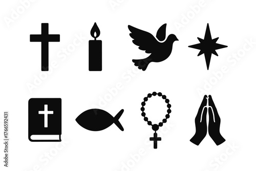 Faith symbols silhouette collection: cross, dove, prayer hands, and more