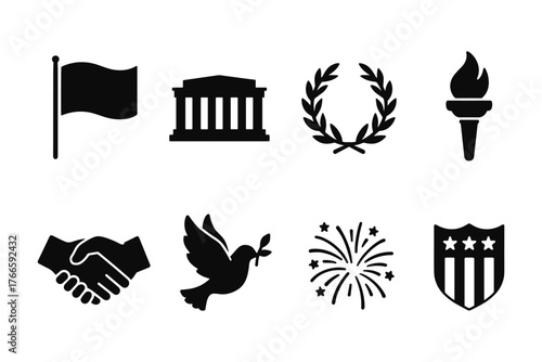 Icon set for patriotic and national themes with symbols of peace and celebration