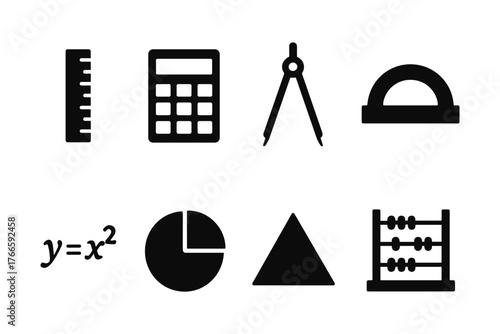 Essential math tools icons: ruler, calculator, triangle, and more in solid style