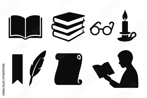 Silhouette icons of books and reading accessories for elegant literary themes