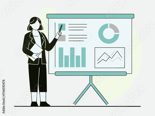 Businesswoman standing by giant infographic board pitch to investors vector art.