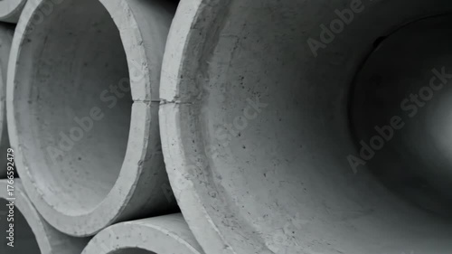 Close-Up View of Concrete Pipes Stacked in Industrial Setting
