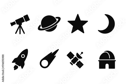 Astronomy icons set featuring planet, moon, and telescope in silhouette style