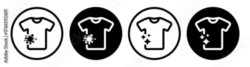 Set of clean and dirty shirt icons in simple outline and filled styles. Vector illustration showing laundry symbols for washing, cleaning and hygiene concepts.