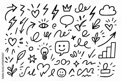 Hand-drawn Doodle Vector Set of Decorative Sketch Elements, Designed in a Playful Ink-Pen Doodle Style with Clean Black Outlines, Isolated on White Background
