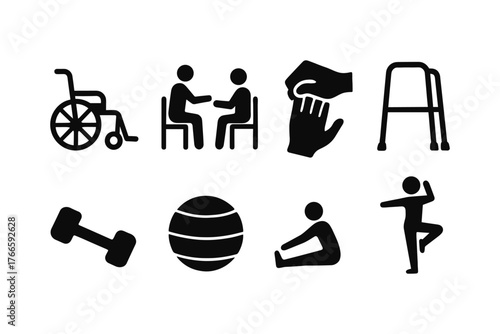 Essential rehabilitation and therapy icons for health and fitness