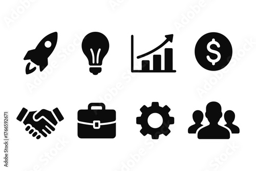 Business icon set featuring growth, light bulb, and rocket in simple black design