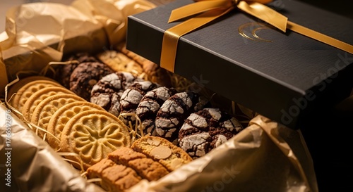 Gourmet Assorted Cookies & Biscuits in Elegant Black Gift Box with Gold Ribbon
