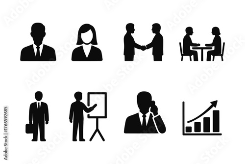 Business people silhouettes in professional settings and activities