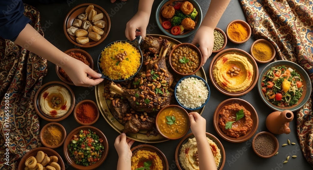 Fototapeta premium Overhead view of a lavish Middle Eastern communal feast with hands sharing traditional dishes like rice, lamb, hummus, and various salads on a dark...