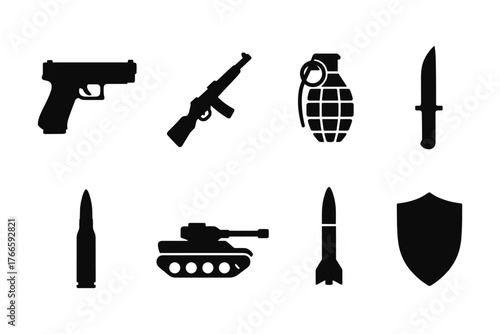 Silhouette set of military weapons and tools including guns, grenade, tank, and shield on white background