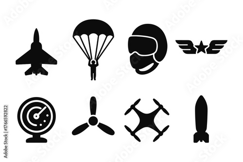 Silhouette icons set featuring military aircraft, parachute, radar, and drone elements