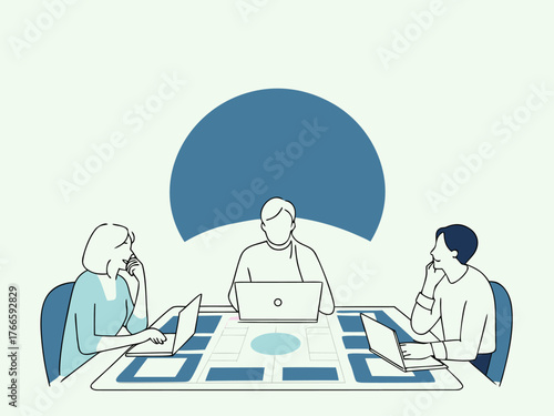 Professionals giving feedback on design mockups around table vector art.
