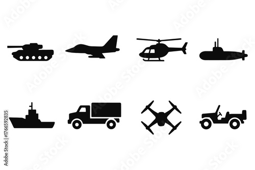 Military silhouette icons: vehicles and aircraft in bold black design