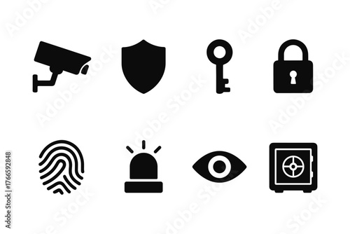 Security icon set: surveillance, access, and protection symbols in flat design