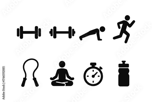 Fitness icons: dumbbell, running, yoga, jumping rope, stopwatch, water bottle