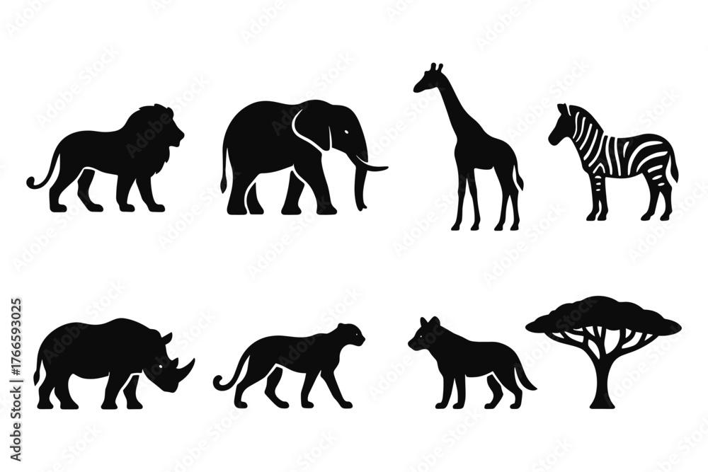 Naklejka premium Silhouette safari animals and tree collection for wildlife design