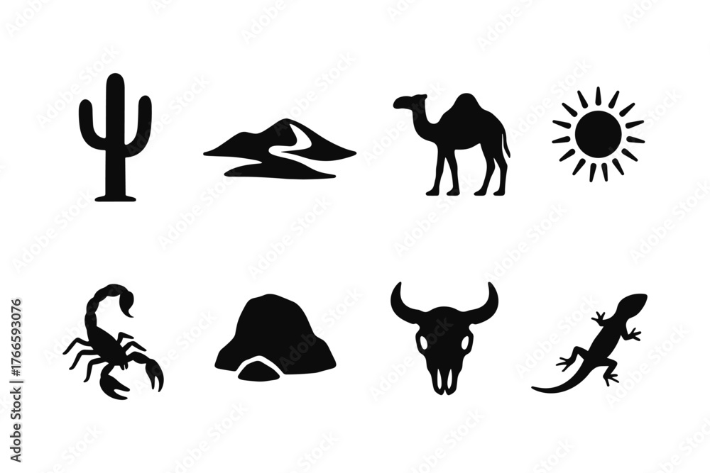 Fototapeta premium Desert icons set: cactus, camel, sun, and wildlife silhouettes