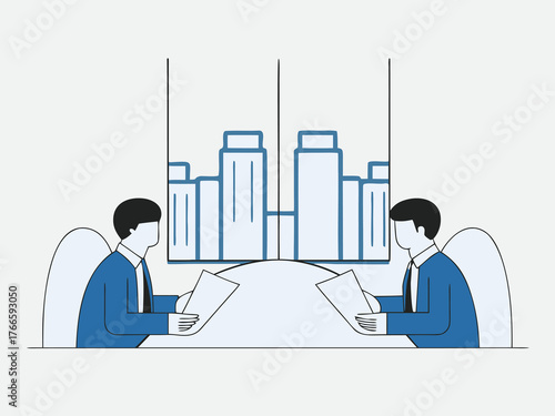 Business partners reviewing contract documents in sleek boardroom vector.