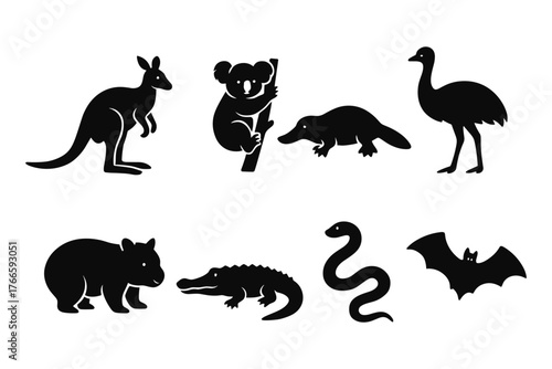 Australian wildlife silhouettes: kangaroo, koala, emu, platypus, wombat, crocodile, snake, bat
