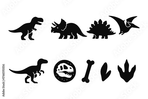 Black silhouette dinosaur icons with fossils and footprints on white background