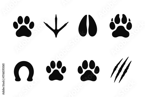 Animal footprint icons collection in black silhouette style across various species