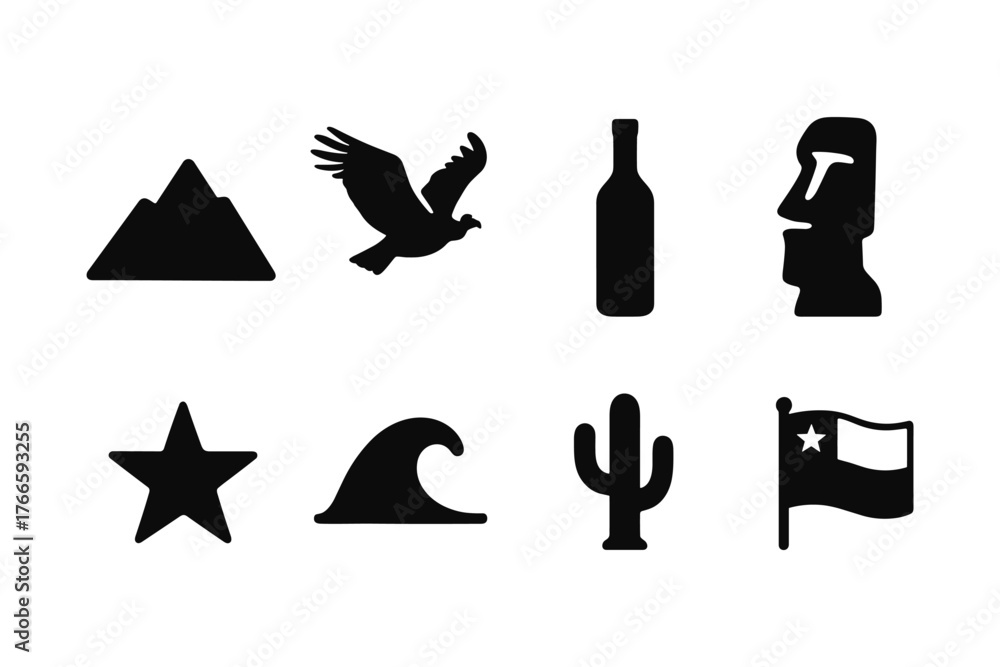 Fototapeta premium Bold black silhouette icons: nature, culture, and objects
