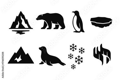 Silhouette icons of arctic wildlife and landscapes