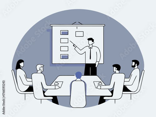 Project manager presenting Gantt chart to team in meeting room illustration.