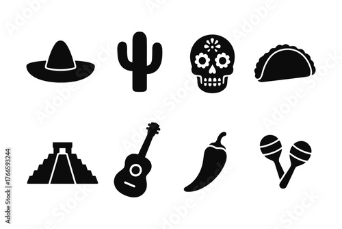Mexican culture icons: sombrero, cactus, skull, taco, pyramid, guitar, pepper, maracas