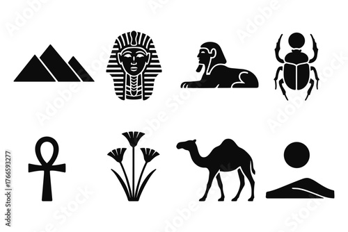 Ancient egyptian silhouette icons: pyramid, sphinx, camel, hieroglyphs, and symbols