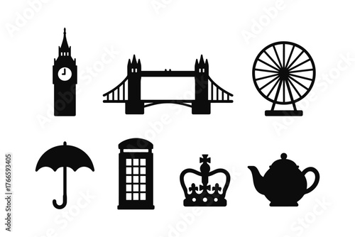 Iconic london symbols: silhouette collection featuring big ben, tower bridge, and more