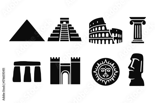 Iconic world landmarks silhouettes: pyramids, colosseum, moai, more