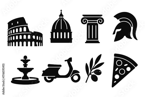 Icon set featuring classic italian symbols in silhouette style