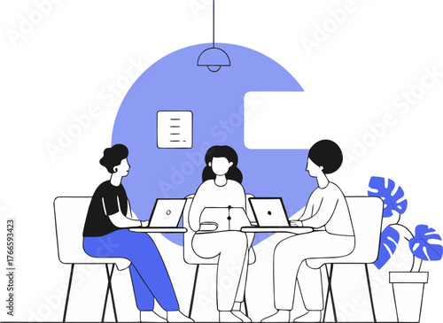 Diverse startup founders working together on laptop in coworking space flat illustration.