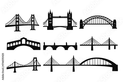 Collection of iconic bridge silhouettes featuring global landmarks in stylish black and white design