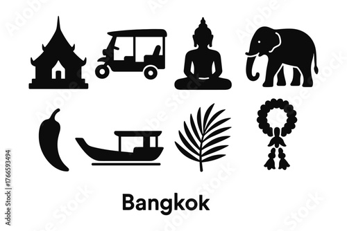 Bangkok icons: silhouette collection featuring temples, tuk tuk, buddha, elephant, and more